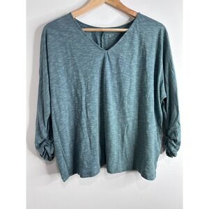 Garnet Hill Womens Teal Blue Slub Knit Ruched Sleeve V-Neck Top L Coastal Beach